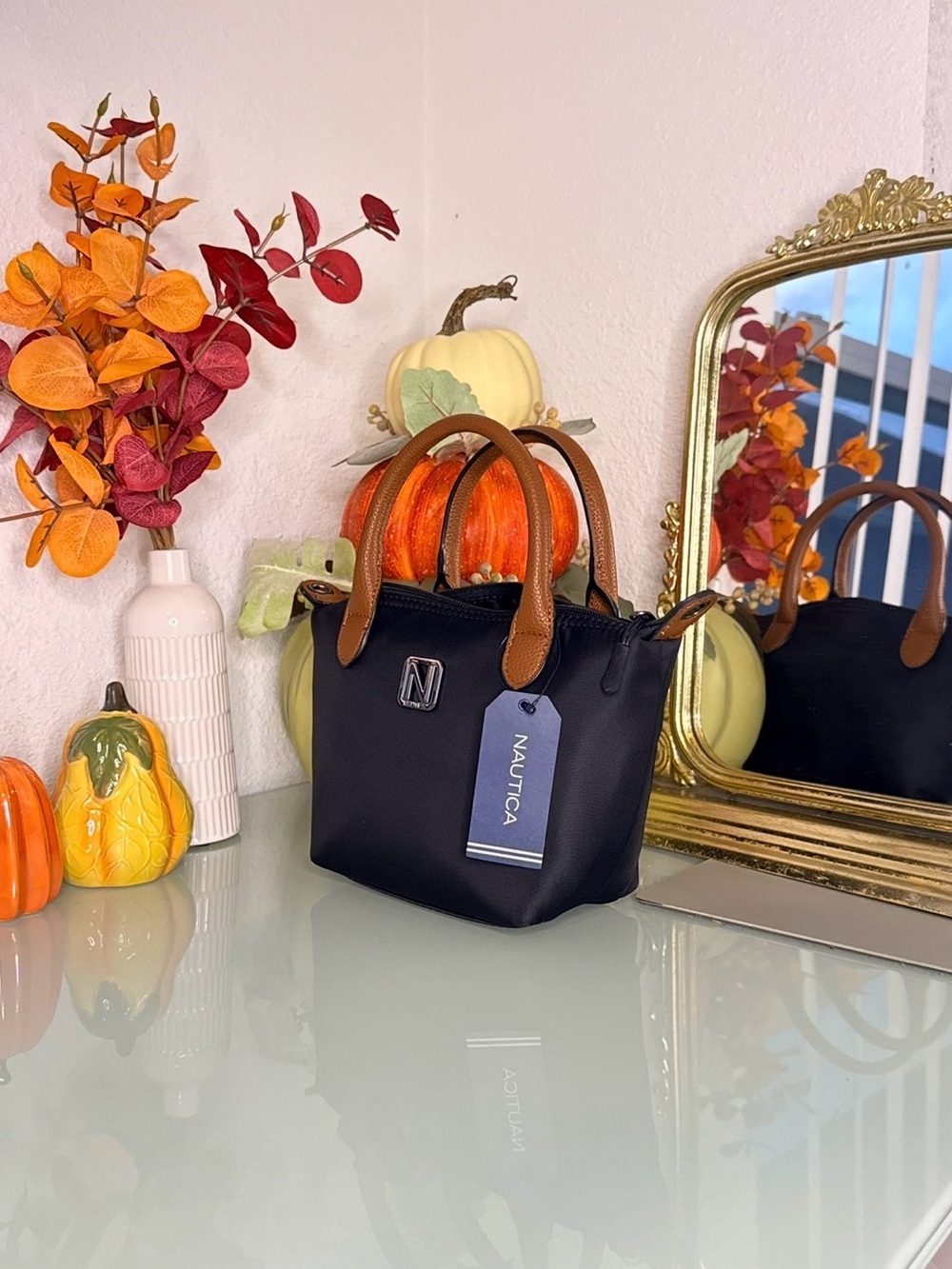 Nautica Black Mini Tote with Brown Handles and Nautica Tag
